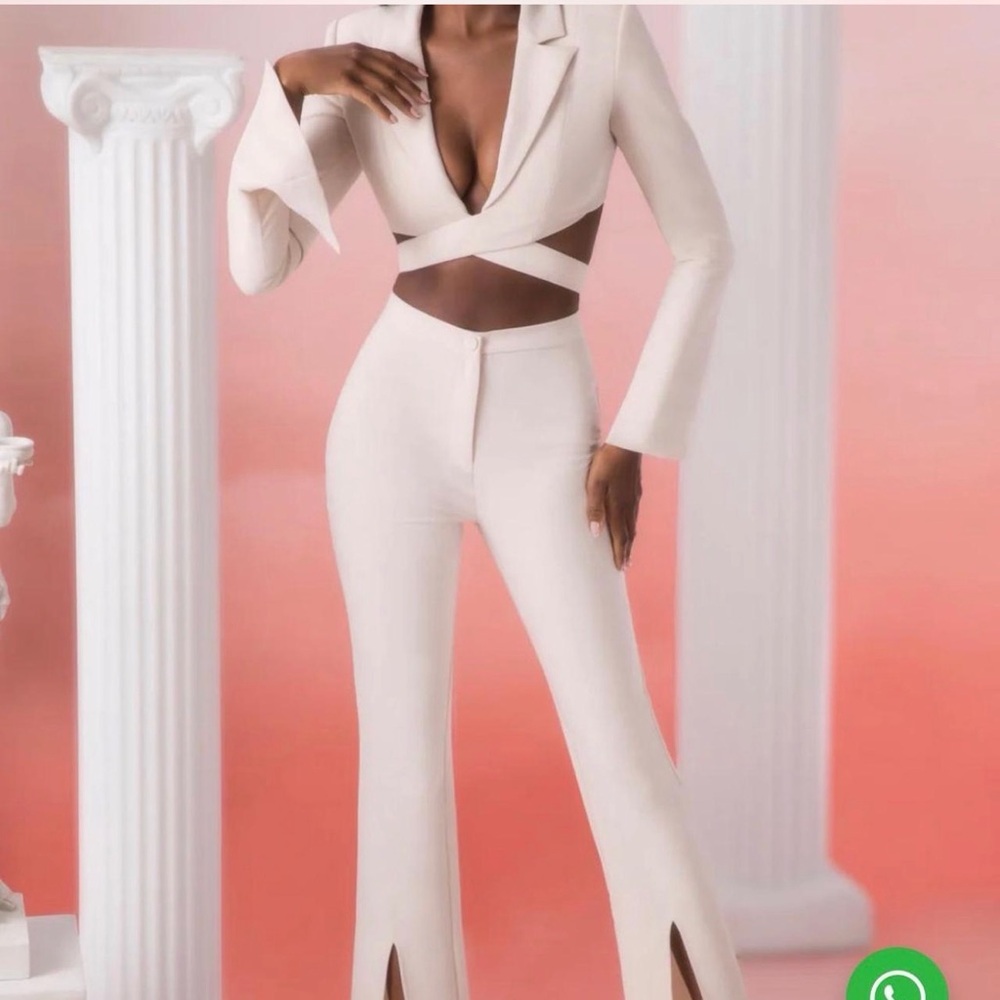 Oh Polly Cream Flared High-Waist Pants